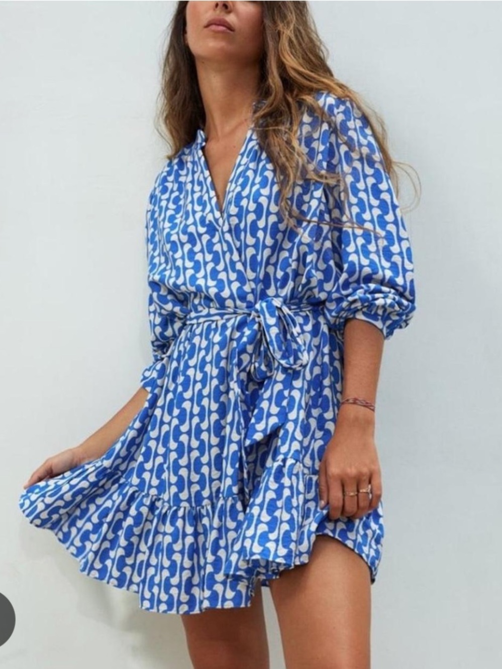 Zara Blue & White Wrap-Style Geometric Mini Dress